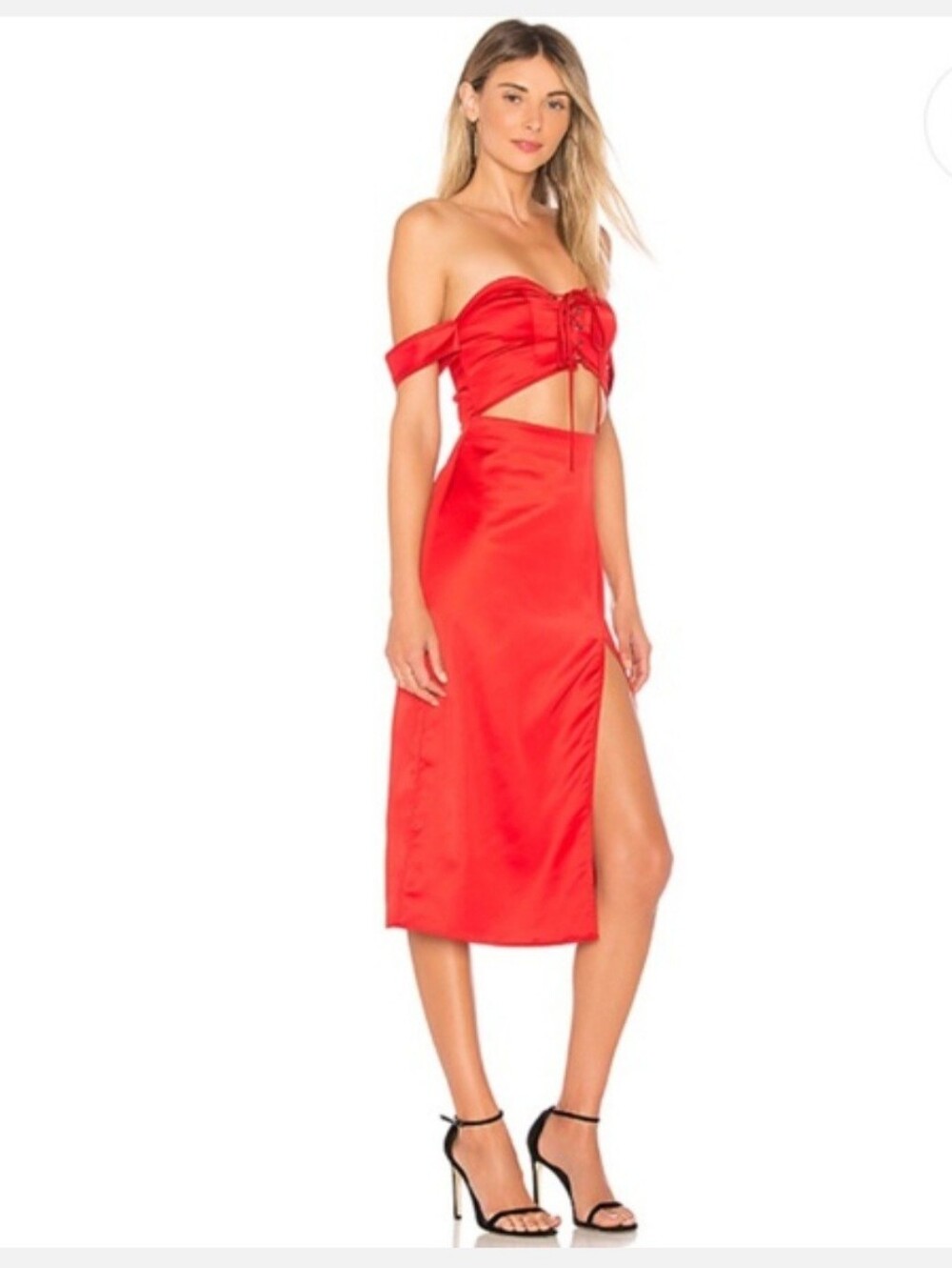 NBD Red Satin Dress with Lace-Up Detail
